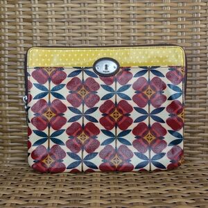 Fossil Floral Tablet Sleeve Pouch Bag Coated Canvas Red Yellow Key Per Charm